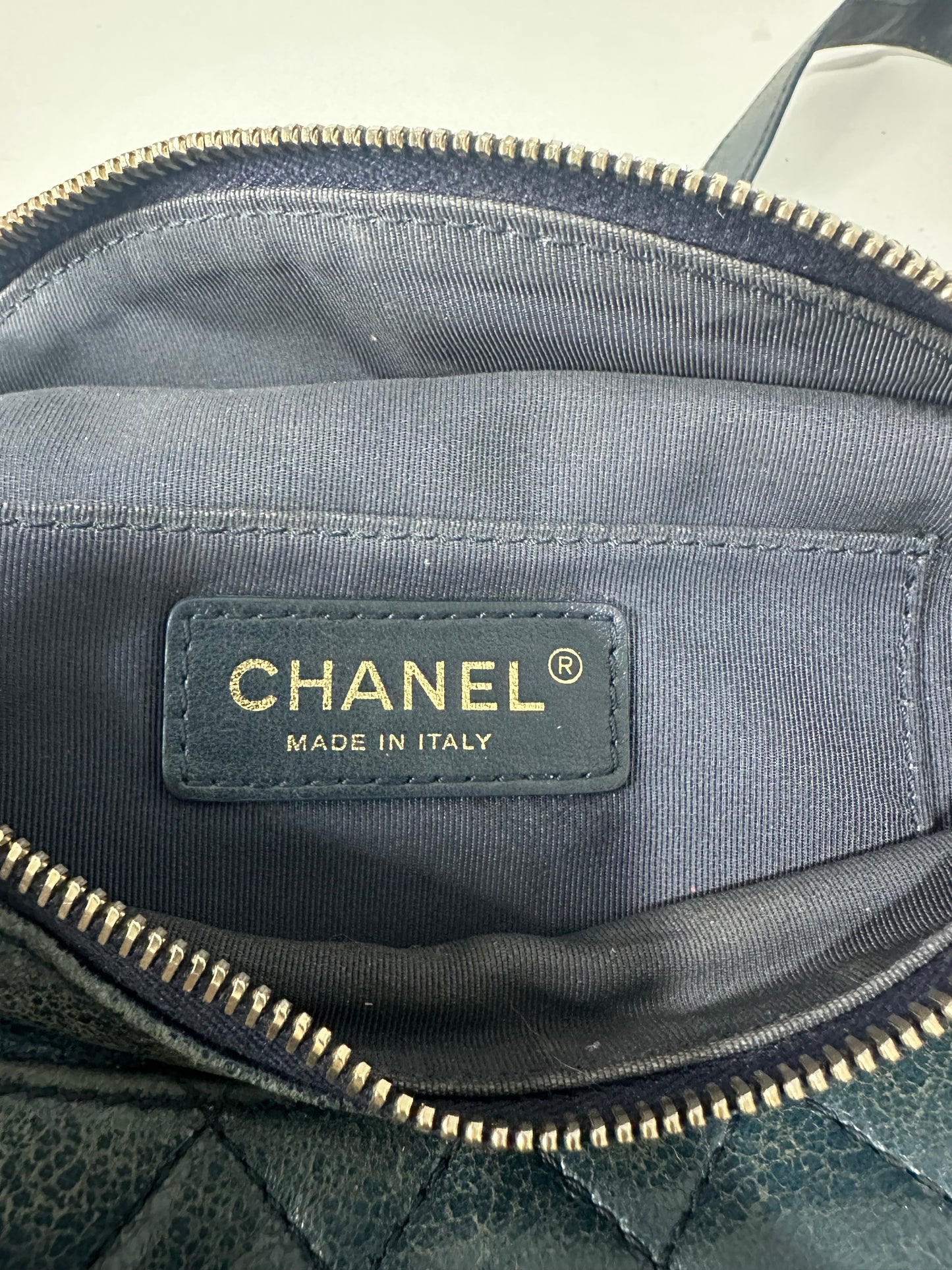 CHANEL
Blue Quilted Caviar Leather Waist Belt Bag