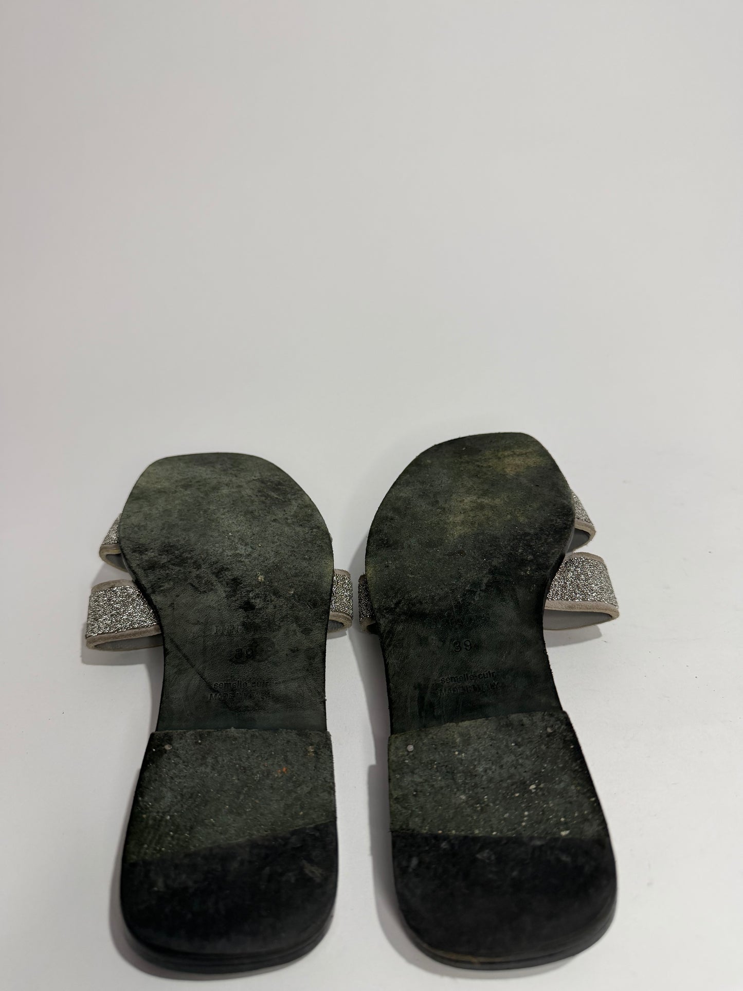 Hermes Silver Suede and Glitter Opne Toe Flat Oran Slides Size 39 EU/ 9 US