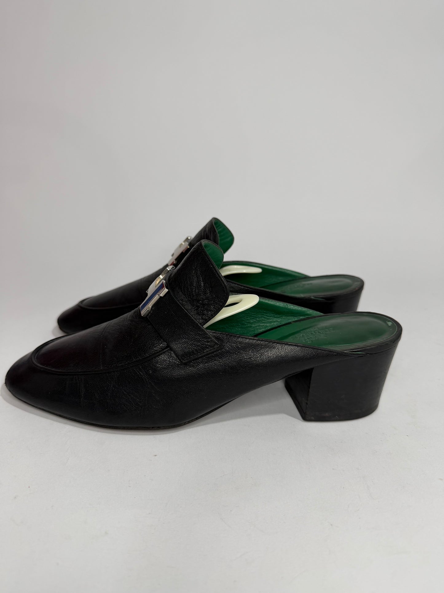 Hermes Black Leather Paradis Block Heel Mule Sandals Size 40
