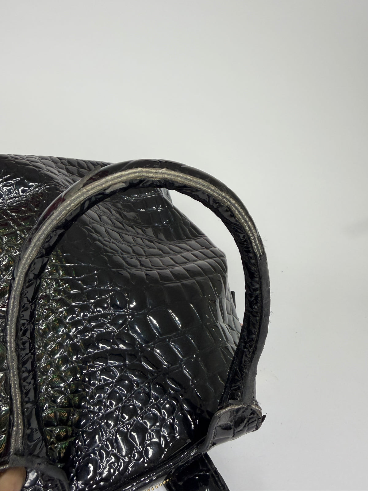 Vivienne Westwood Black Patent Croc-Embossed Orb Appliqué Handbag