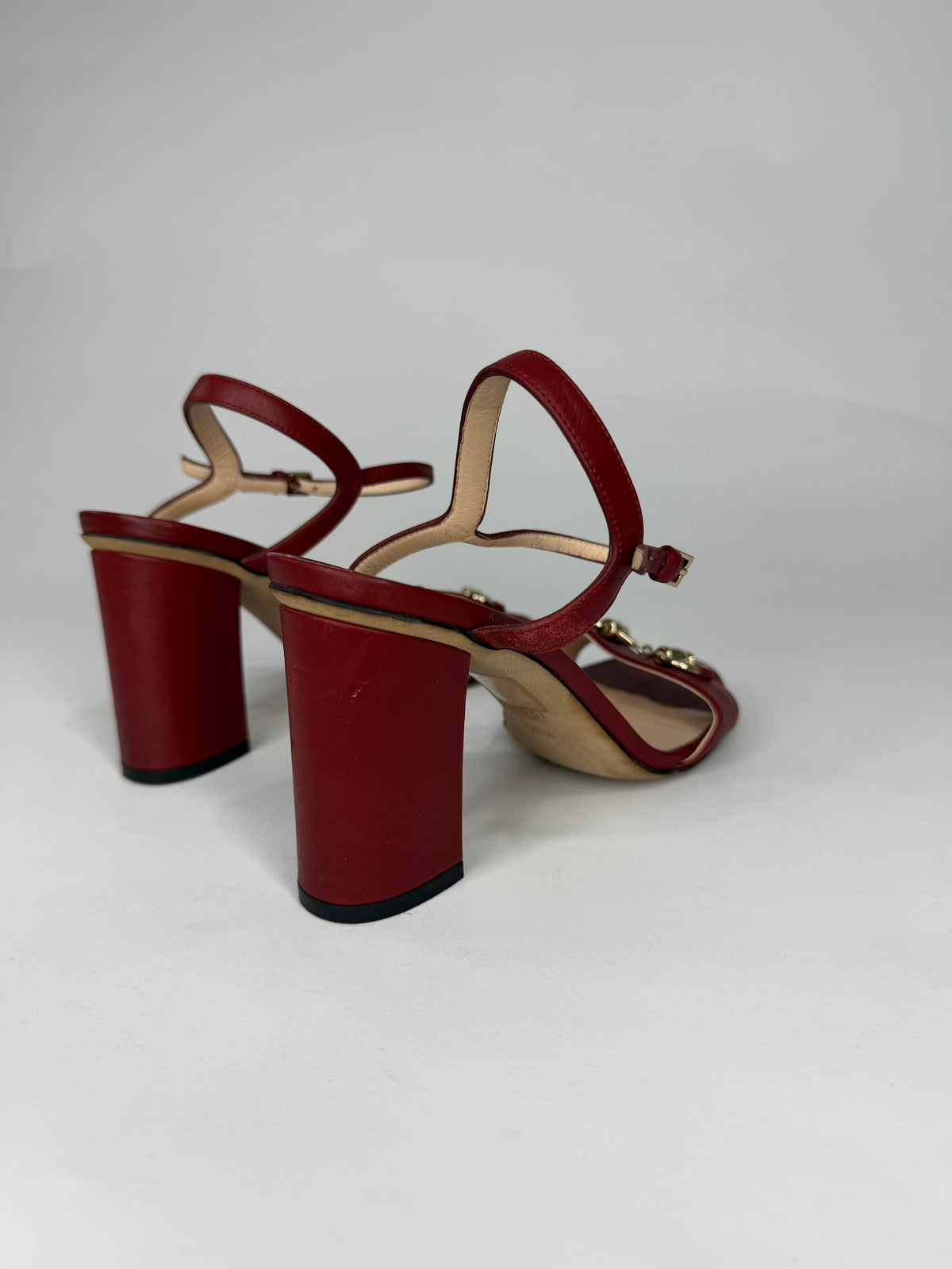 Gucci Red Leather Horsebit Open Toe Block Heel Ankle Strap Sandals Size 36.5 EU