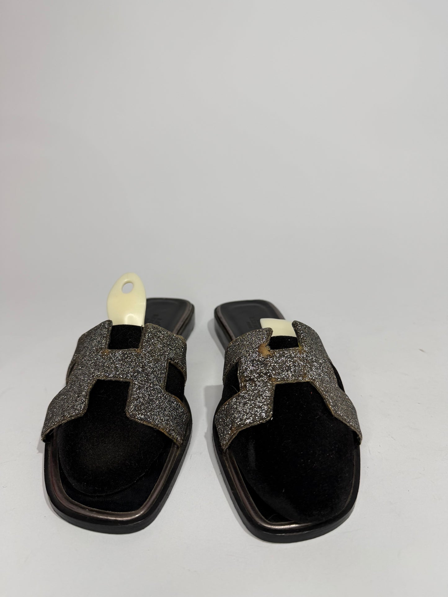 Hermes Silver/Black Suede And Glitter Oran Slide Flats Size 39 EU/ 9 US
