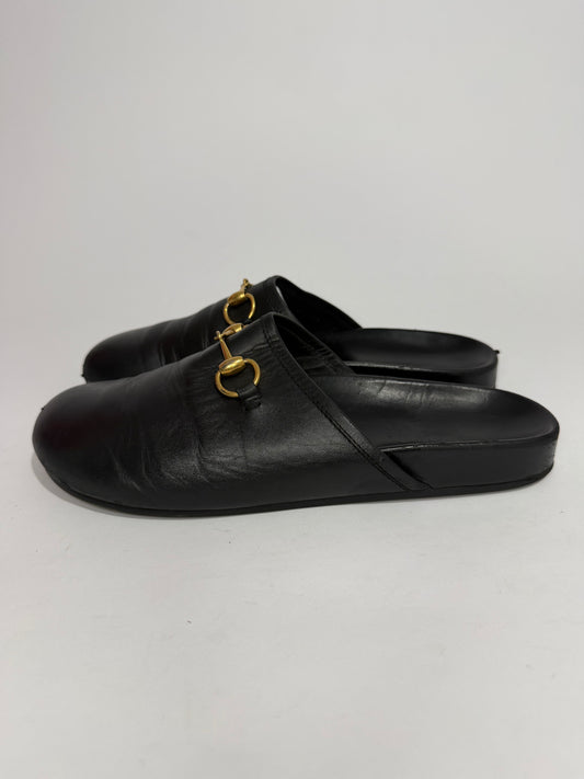 Gucci Black Leather Horsebit Princetown Flat Mules Size 8 US