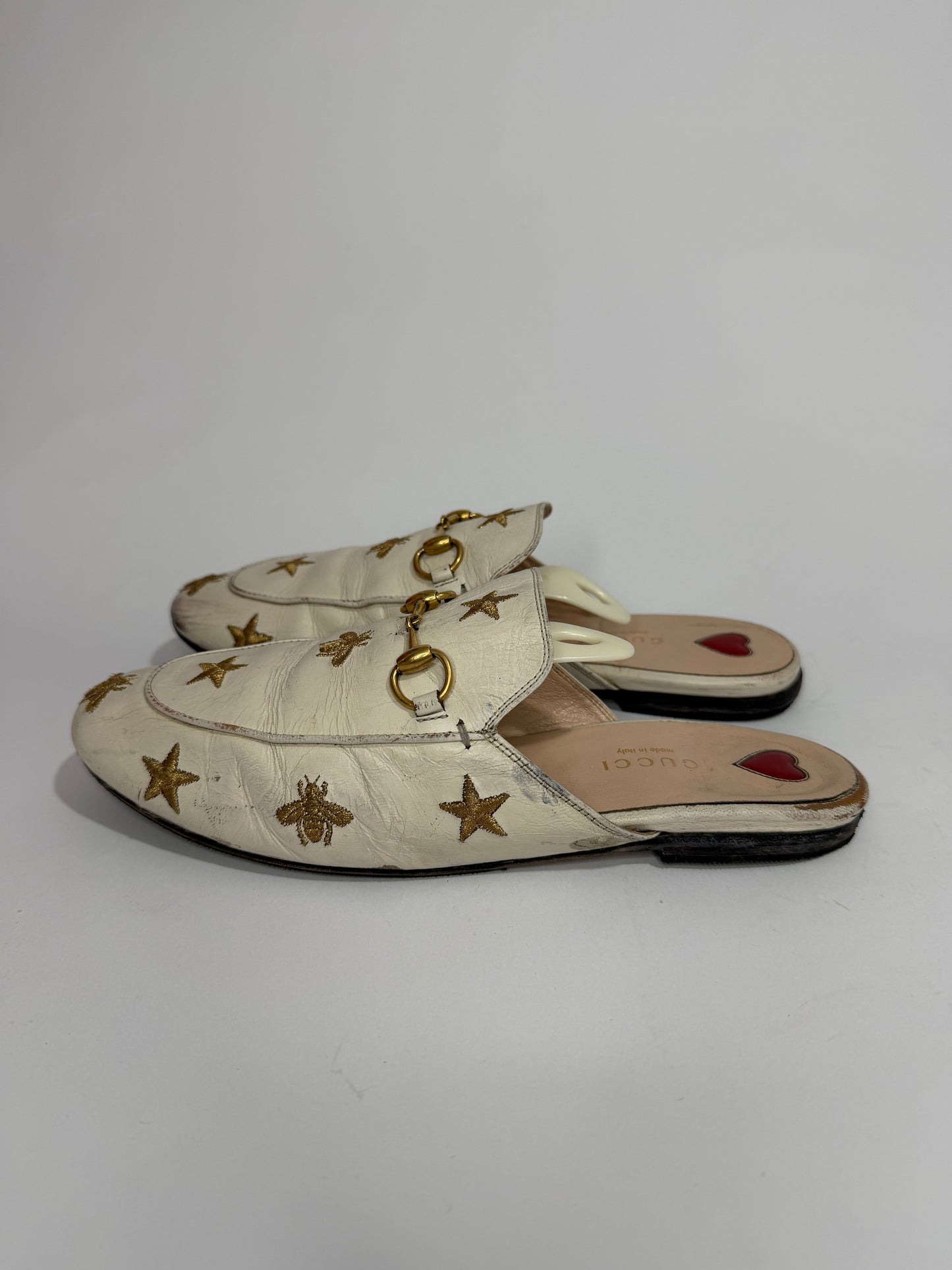 Gucci Cream Leather Bee and Star Embroidered Princetown Flat Mules Size 37.5 EU/ 7.5 US/