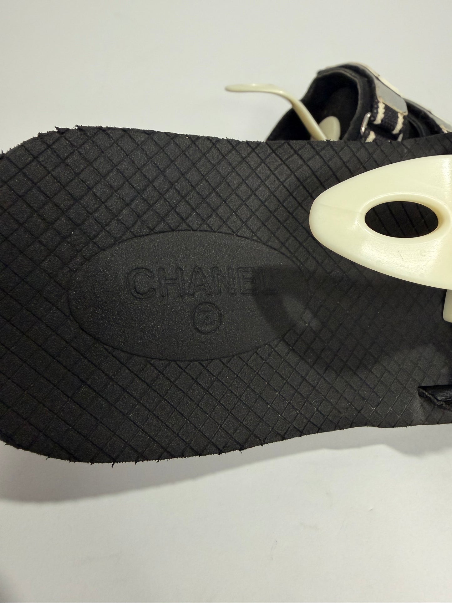 CHANEL Coco Logo Double Strap Slide Sandals Black & White Size 39 EU/ 9 US