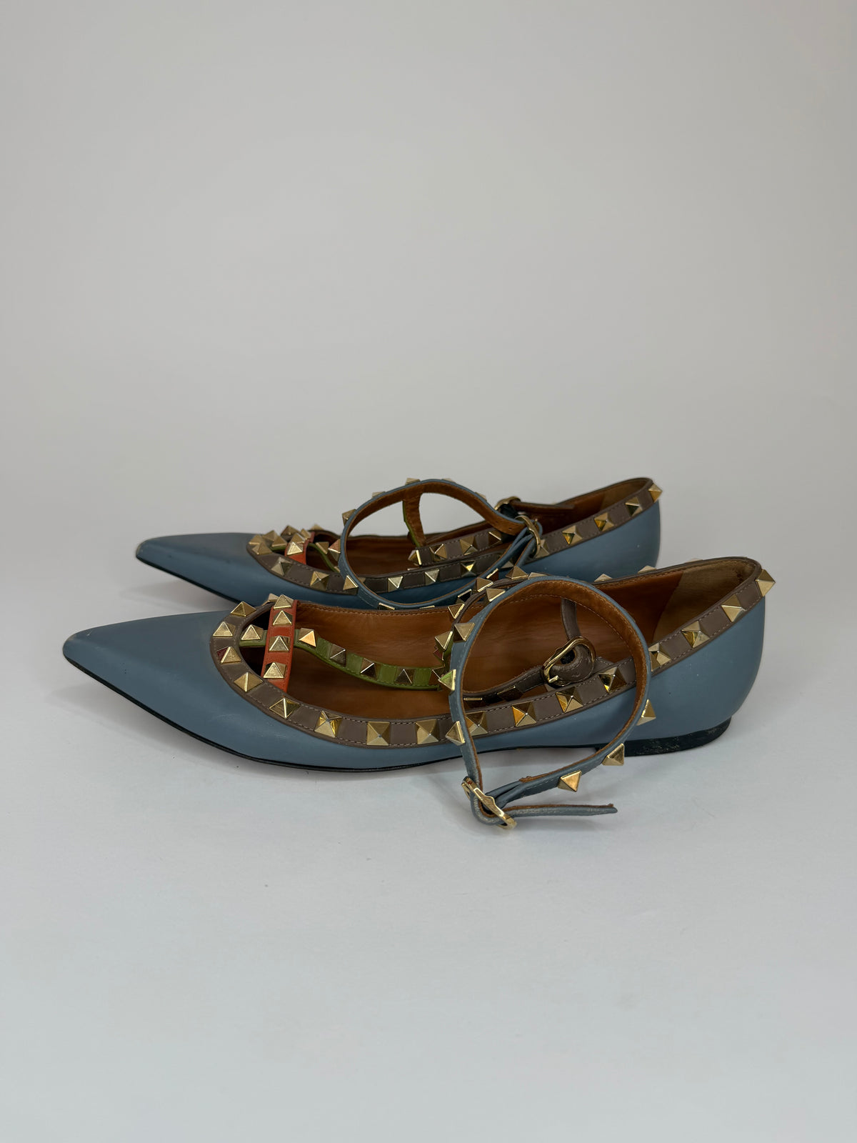 Valentino Light Blue/Brown Leather Rockstud Flats Size 36 EU/ 6 US