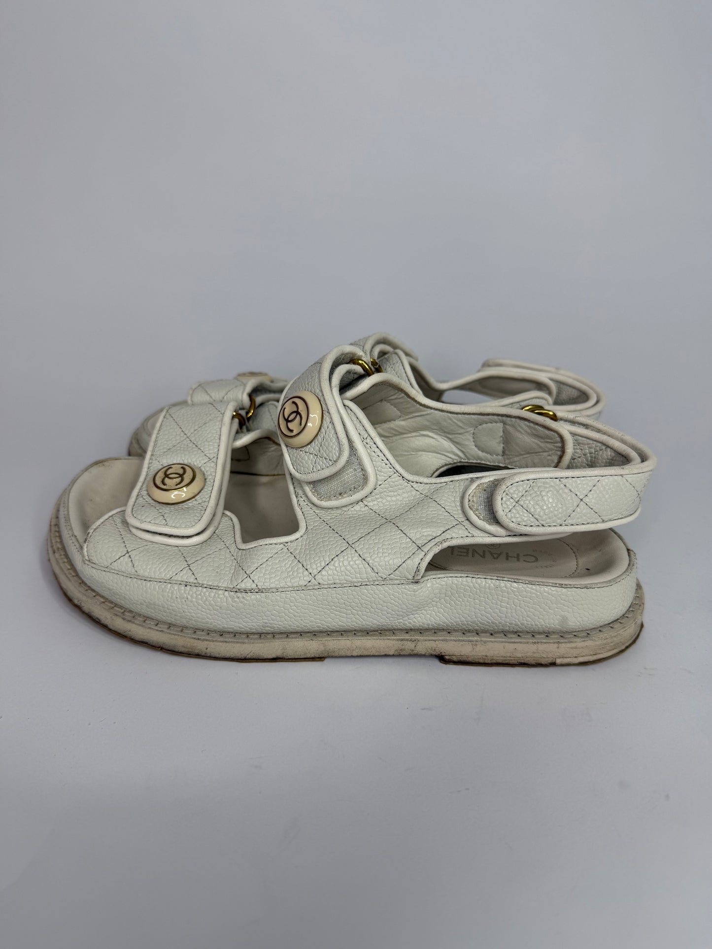 Chanel White Quilted Leather Dad CC Velcro Strap Flat Sandals Size 36