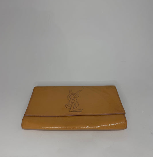 YVES SAINT LAURENT Beige Patent Leather Belle De Jour Large Clutch Bag