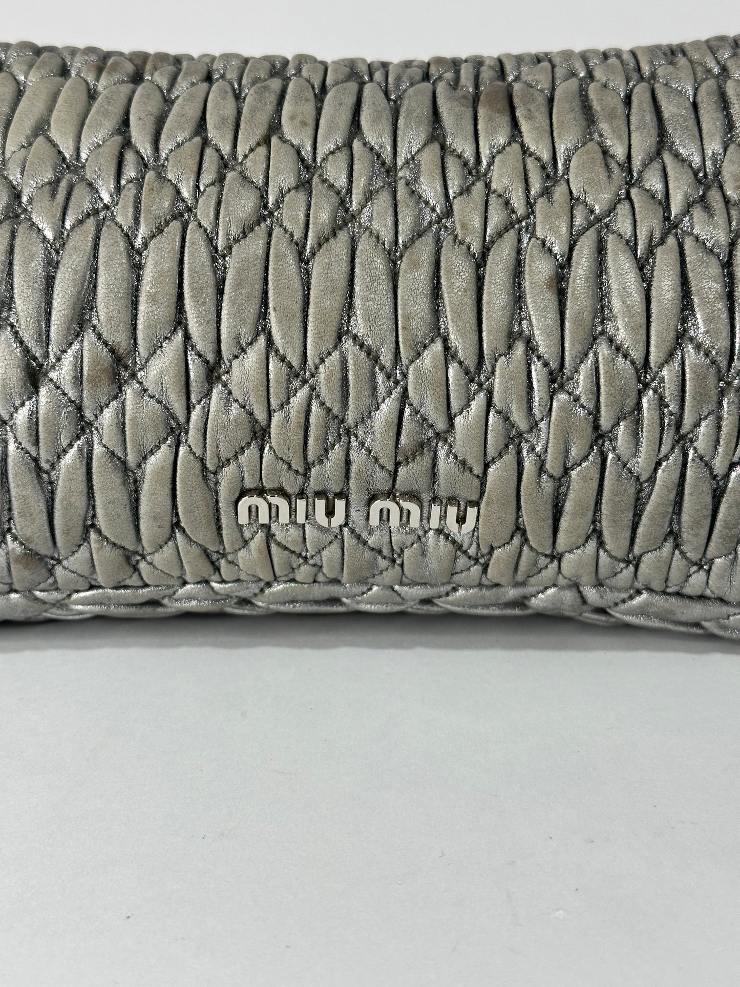 Miu Miu Silver Matelasse Leather Crystal Flap Shoulder Bag