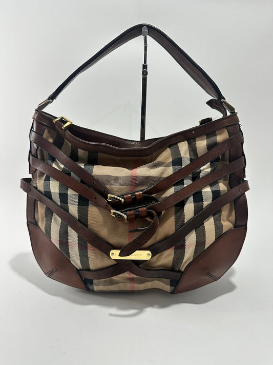 Burberry Brown House Check Canvas and Leather Dutton Hobo