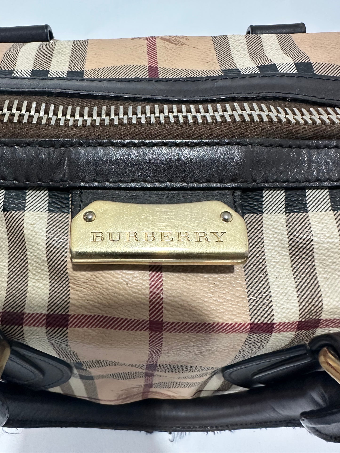 Burberry Beige/Brown Haymarket Check PVC and Leather Gladstone Bowling Bag