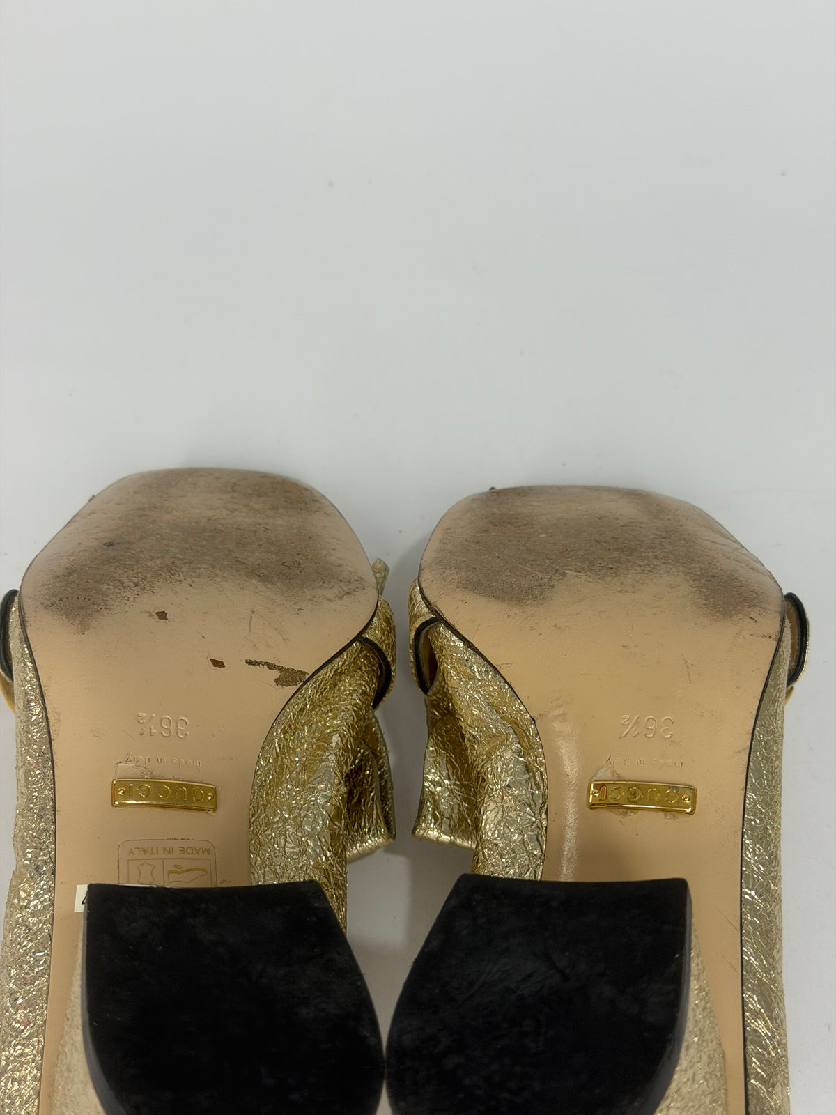 Gucci Metallic Gold Crinkled Leather GG Marmont Fringe Detail Pumps Size 36.5 EU/ 6.5US/ 3.5 UK