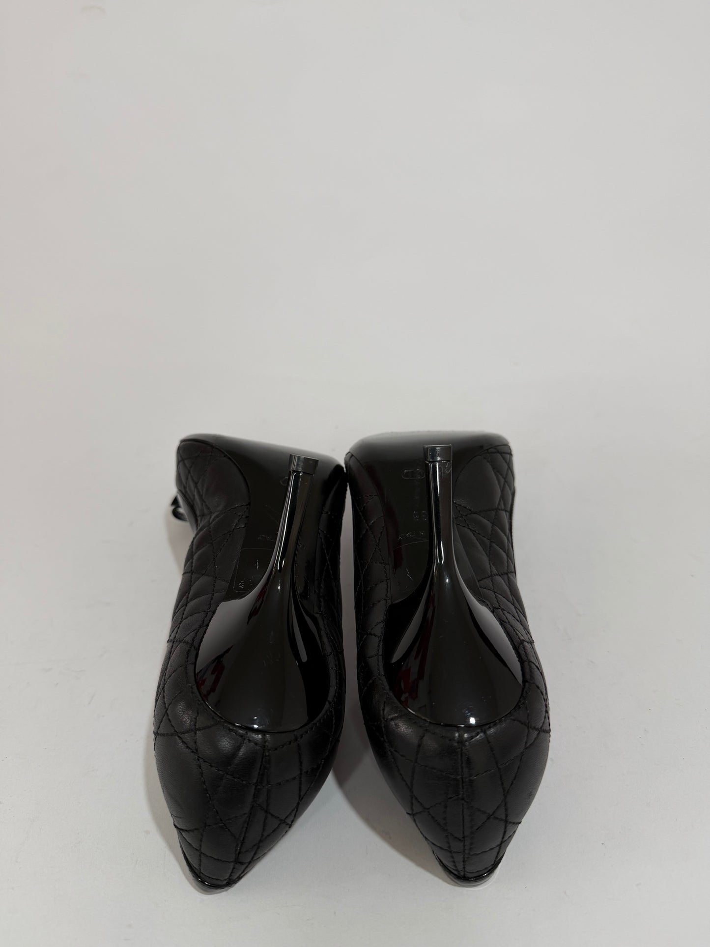 Dior Black Quilted Cannage Leather And Patent Bow Detail Peep Toe Pumps Size 38EU/ 8 US / 5UK