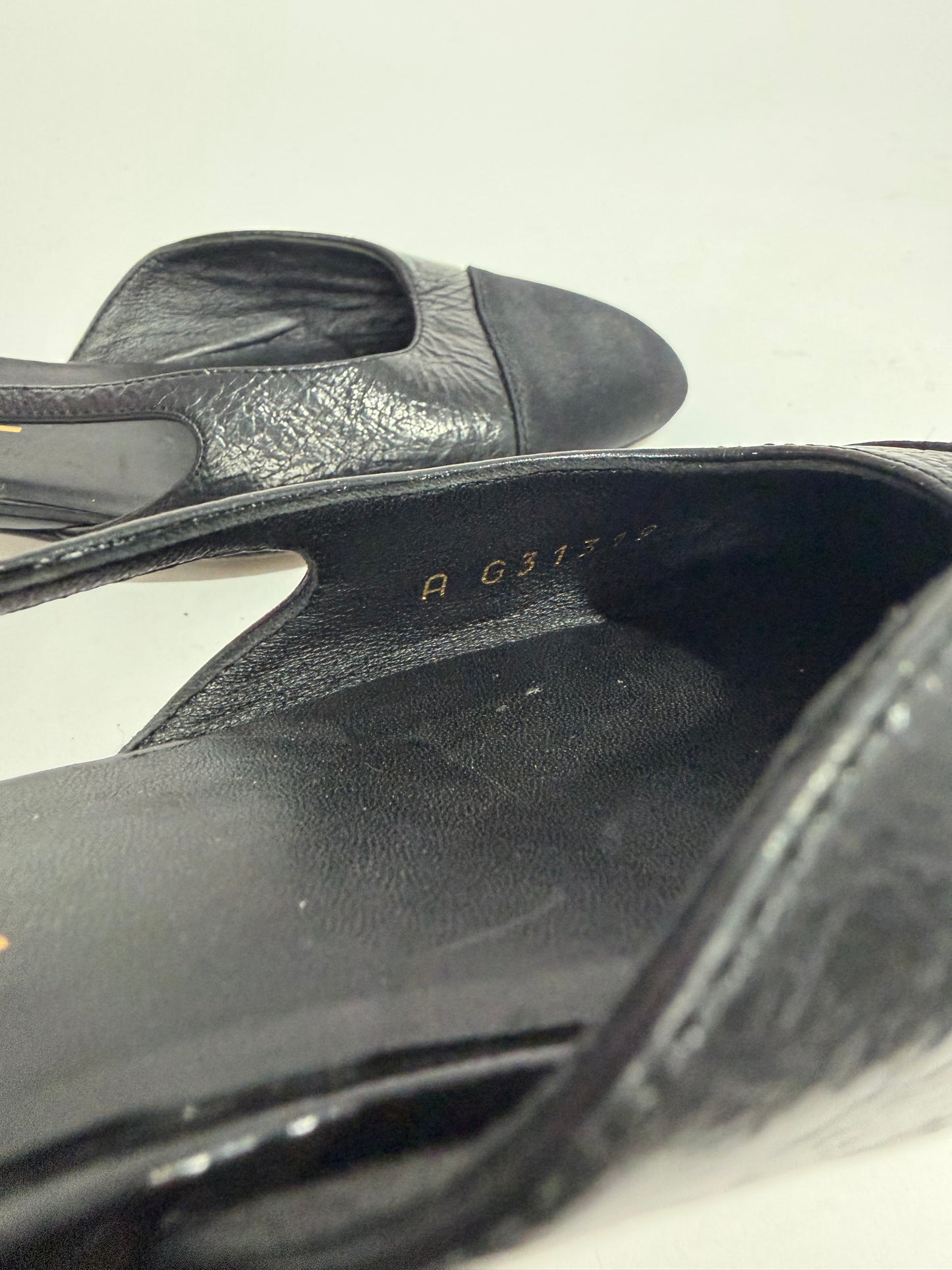 Chanel Black Leather And Patent Cap Toe Slingback Flats Size