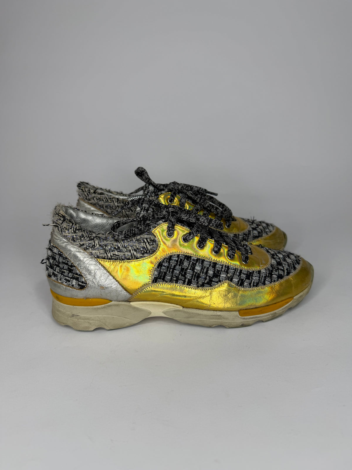 Chanel Monochrome Tweed and Metallic Leather Sneakers Size 39 EU/ 9 US / 6 UK