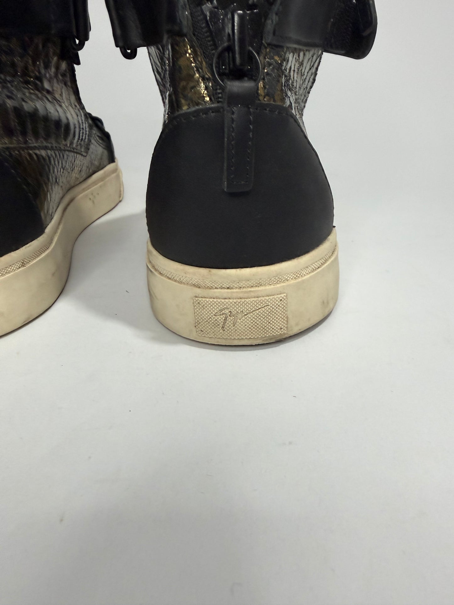 Giuseppe Zanotti Black/Gold Python Embossed Leather Double Zip High Top Sneakers Size 43 EU