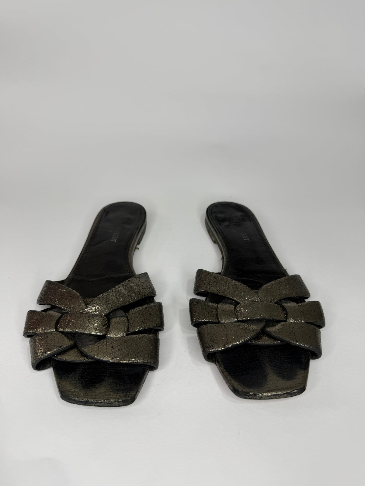 Saint Laurent Paris Silver Leather Tribute Flat Sandals Size 38.5 EU/ 8.5 US / 5.5 UK