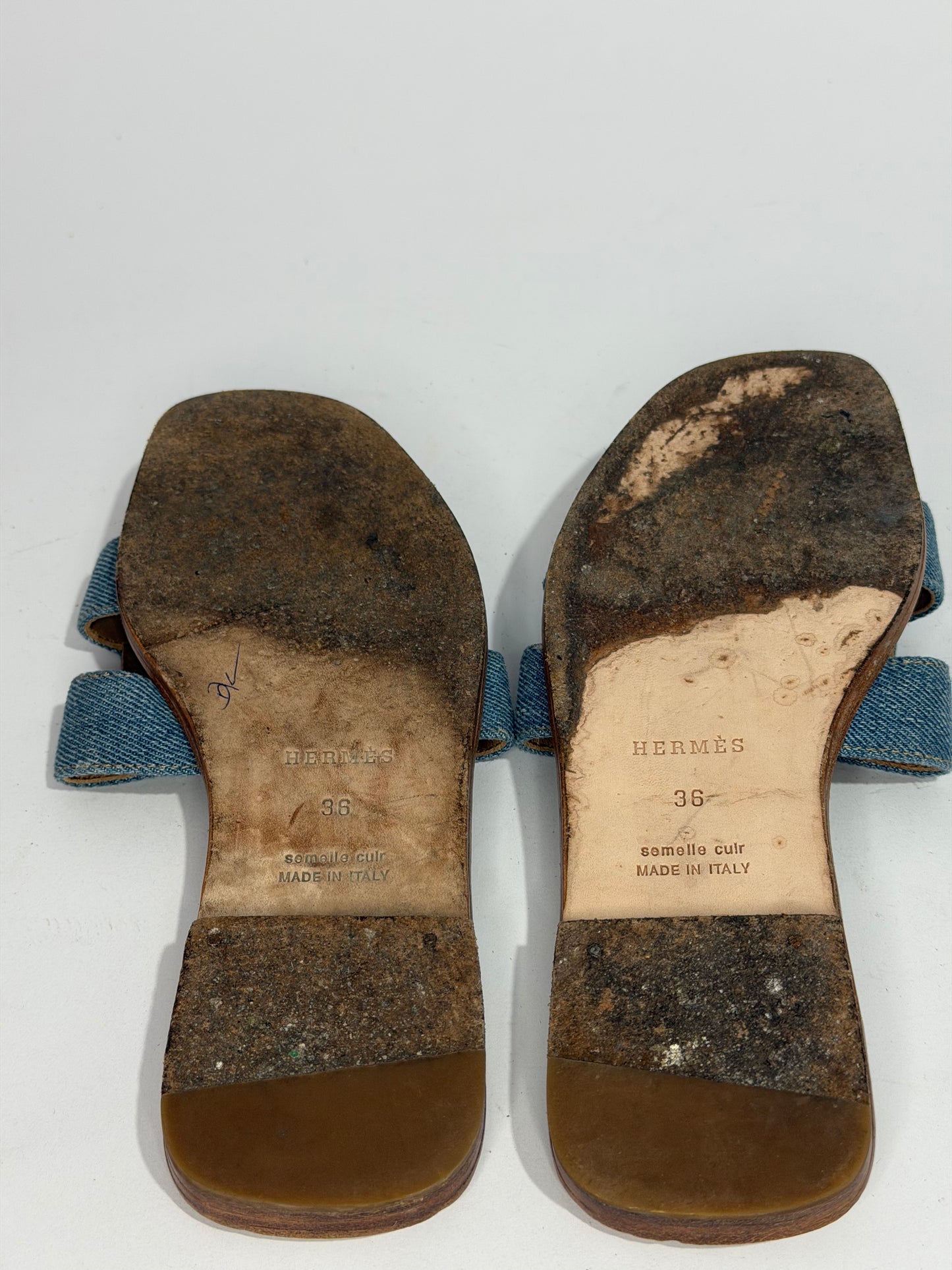 Hermès Oran Denim H Slide Sandals Blue Canvas Leather Flat Slides Size 36 EU/ 6 US/ 3 UK