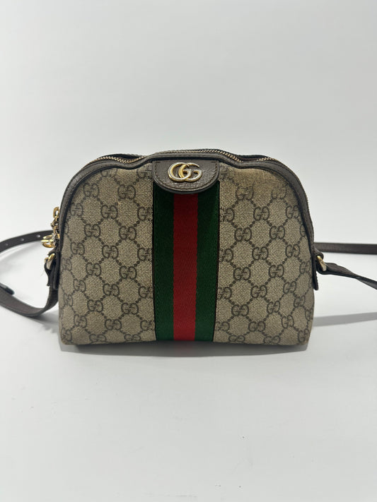 GUCCI 
GG Supreme Monogram Textured Dollar Calfskin Web Small Ophidia Dome Shoulder Bag Beige Ebony