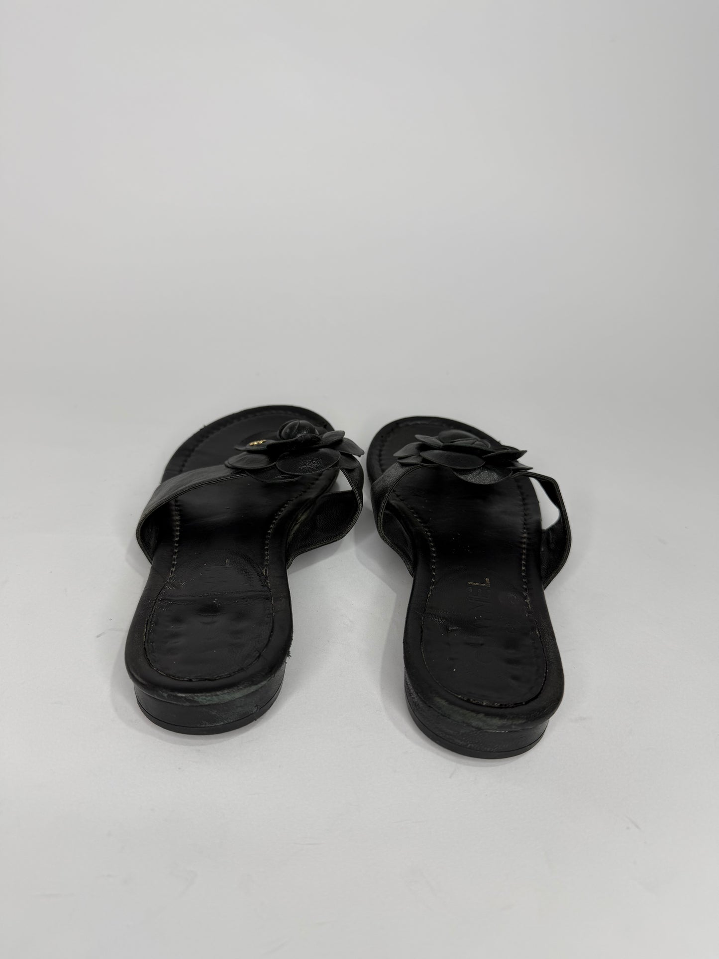 Chanel Black Leather CC Camellia Thong Flat Sandals Size 37