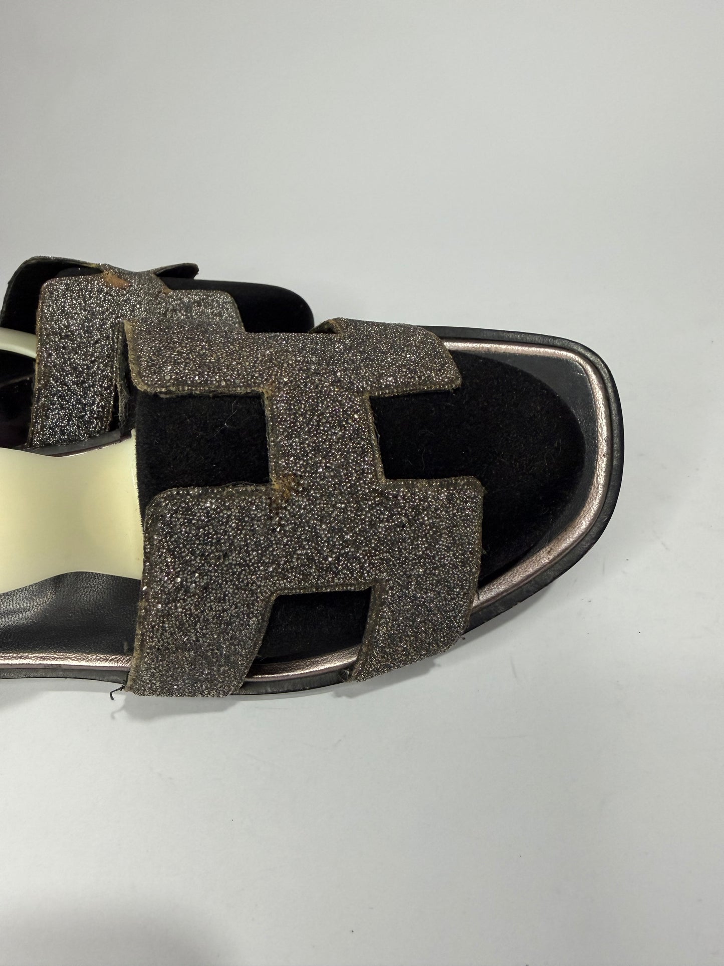 Hermes Silver/Black Suede And Glitter Oran Slide Flats Size 39 EU/ 9 US