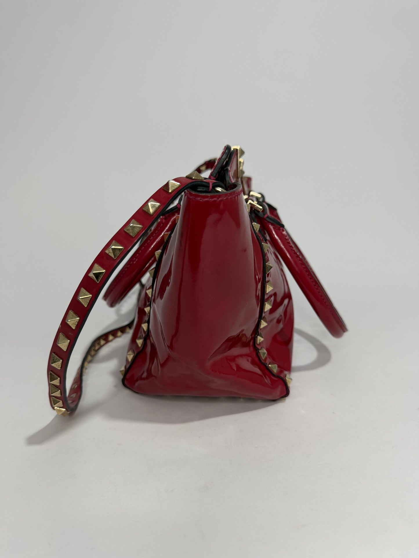 Valentino Red Patent Leather Small Rockstud Shopper Tote Bag