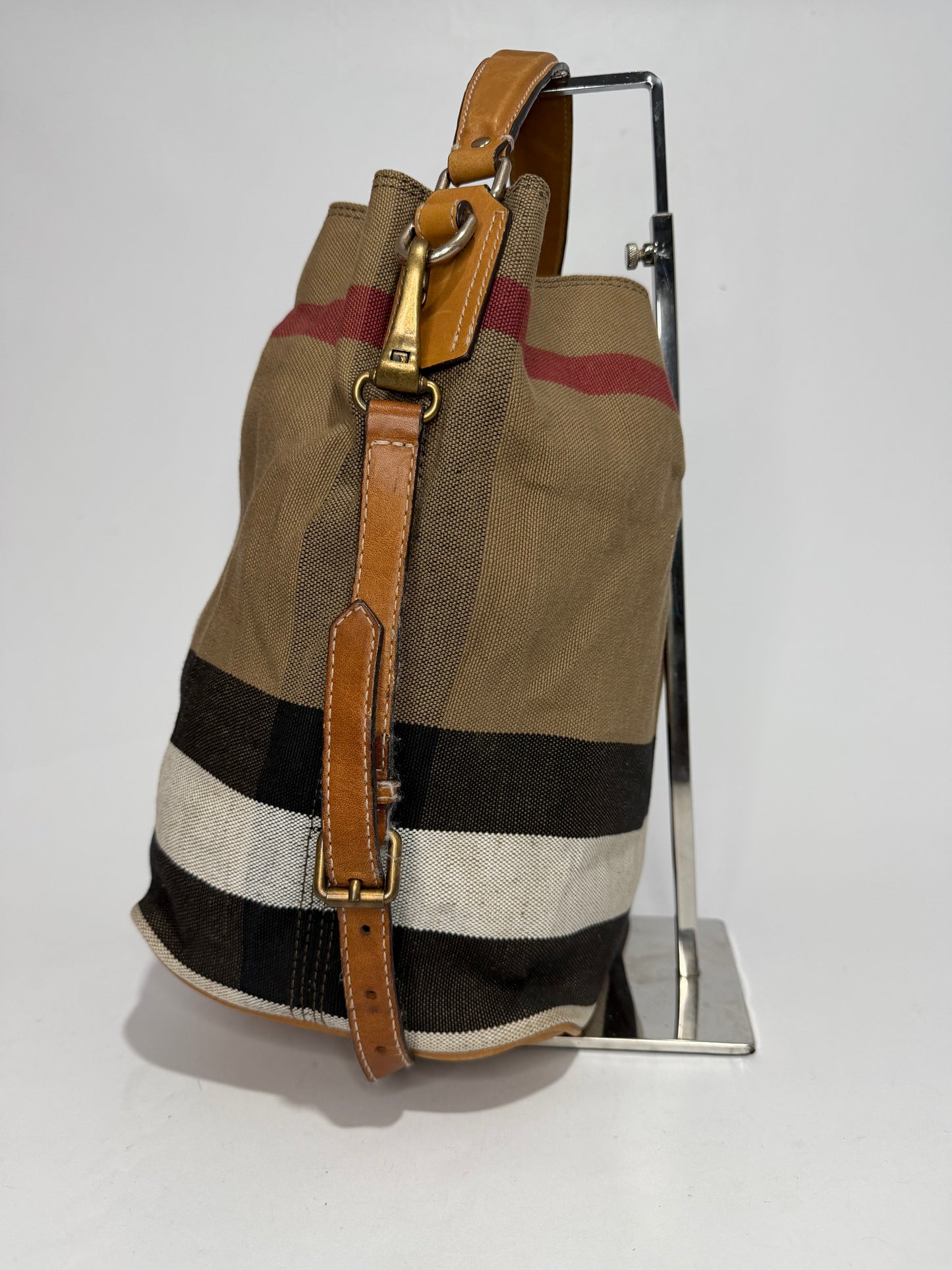 BURBERRY Canvas Mega Check Medium Ashby Hobo Saddle