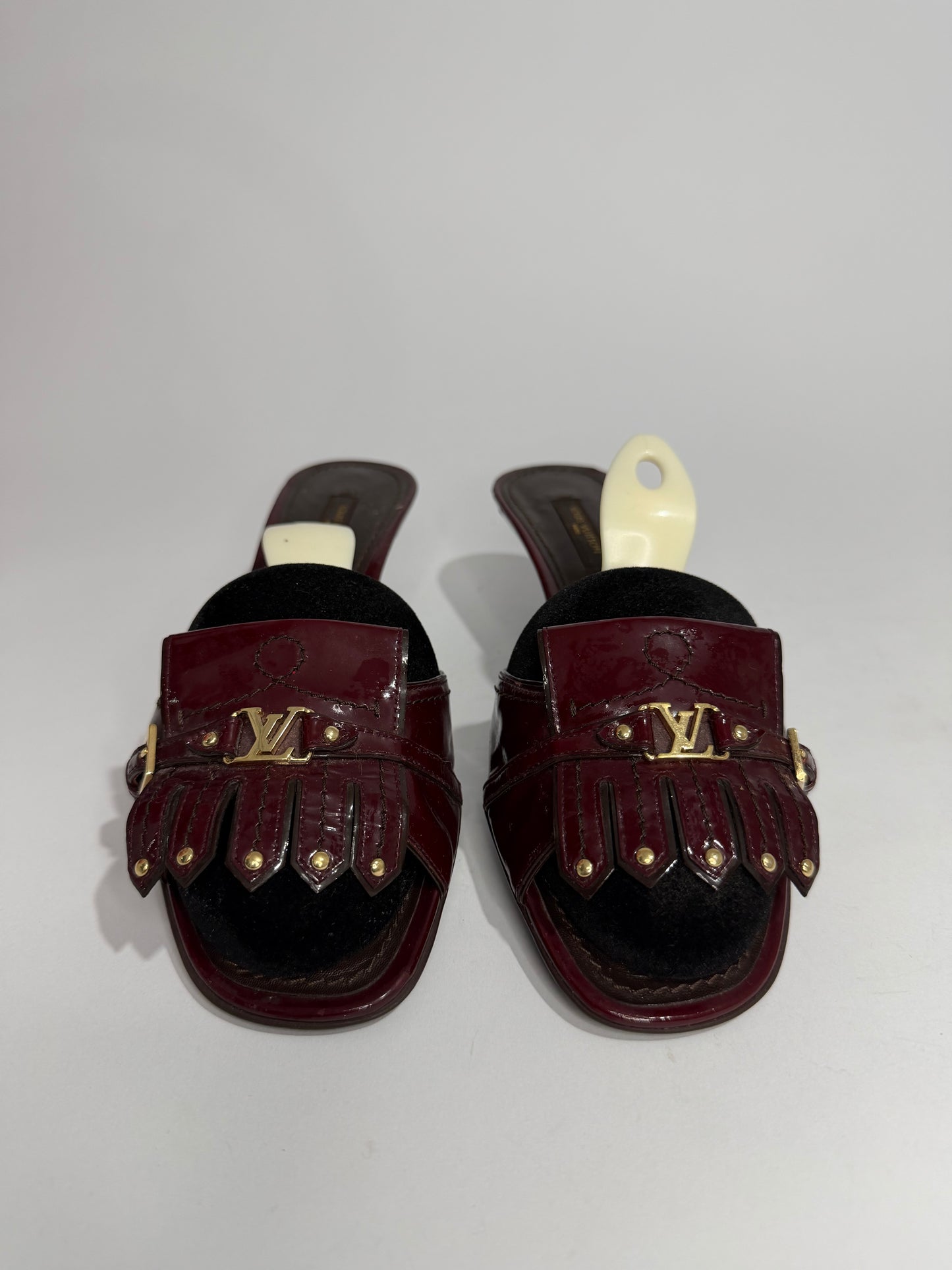 Louis Vuitton Patent Leather Fringe Mule Heels – Burgundy / Bordeaux with Gold LV Hardware