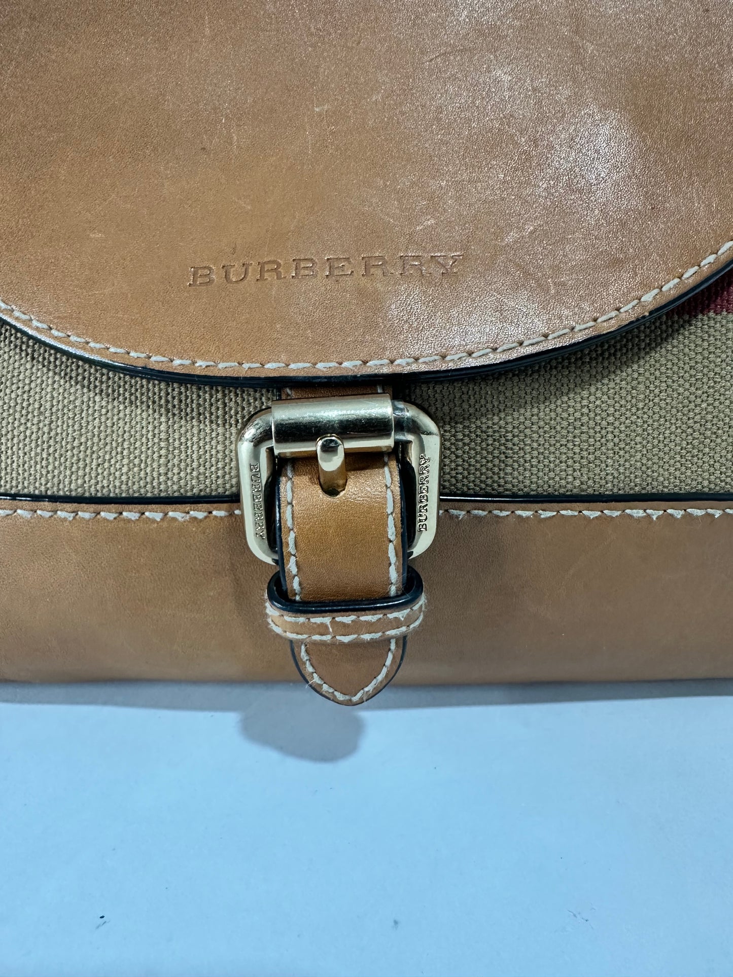 BURBERRY  Mega Check Grainy Calfskin Small Gowan Messenger Bag Brown