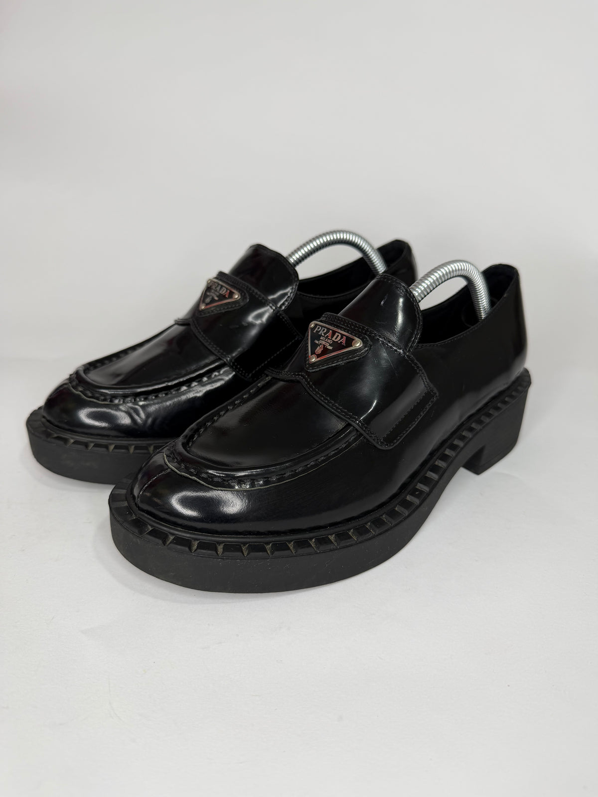 PRADA Vernice Metal Triangle Logo 50mm Loafers Size 37 EU/7 US/ 4 UK