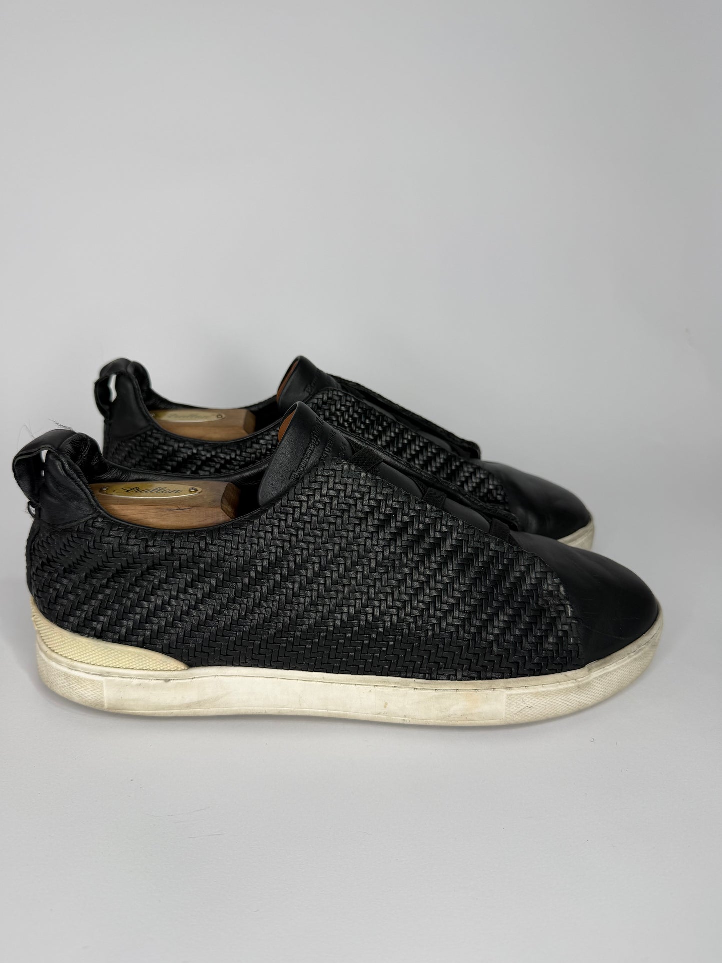 Ermenegildo Zegna Couture Black Woven Leather Pelle Tessuta Slip On Sneakers Size 8 UK/ 9 US