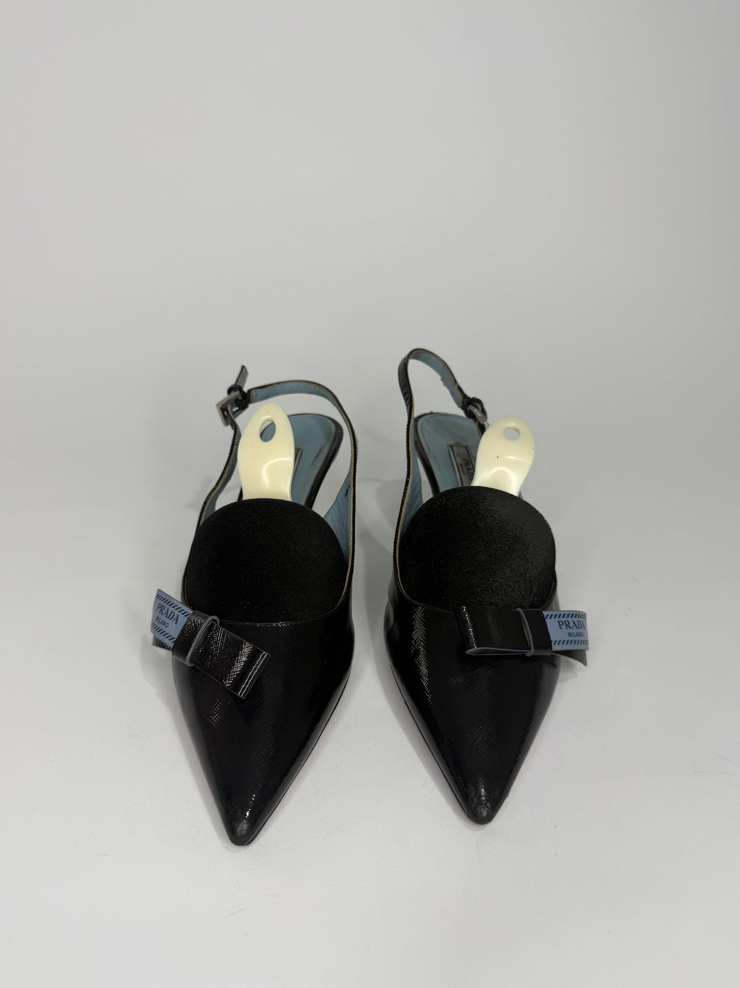 Prada Black Leather Bow Slingback Sandals Size 37.5 EU/ 7.5 US / 4.5 UK