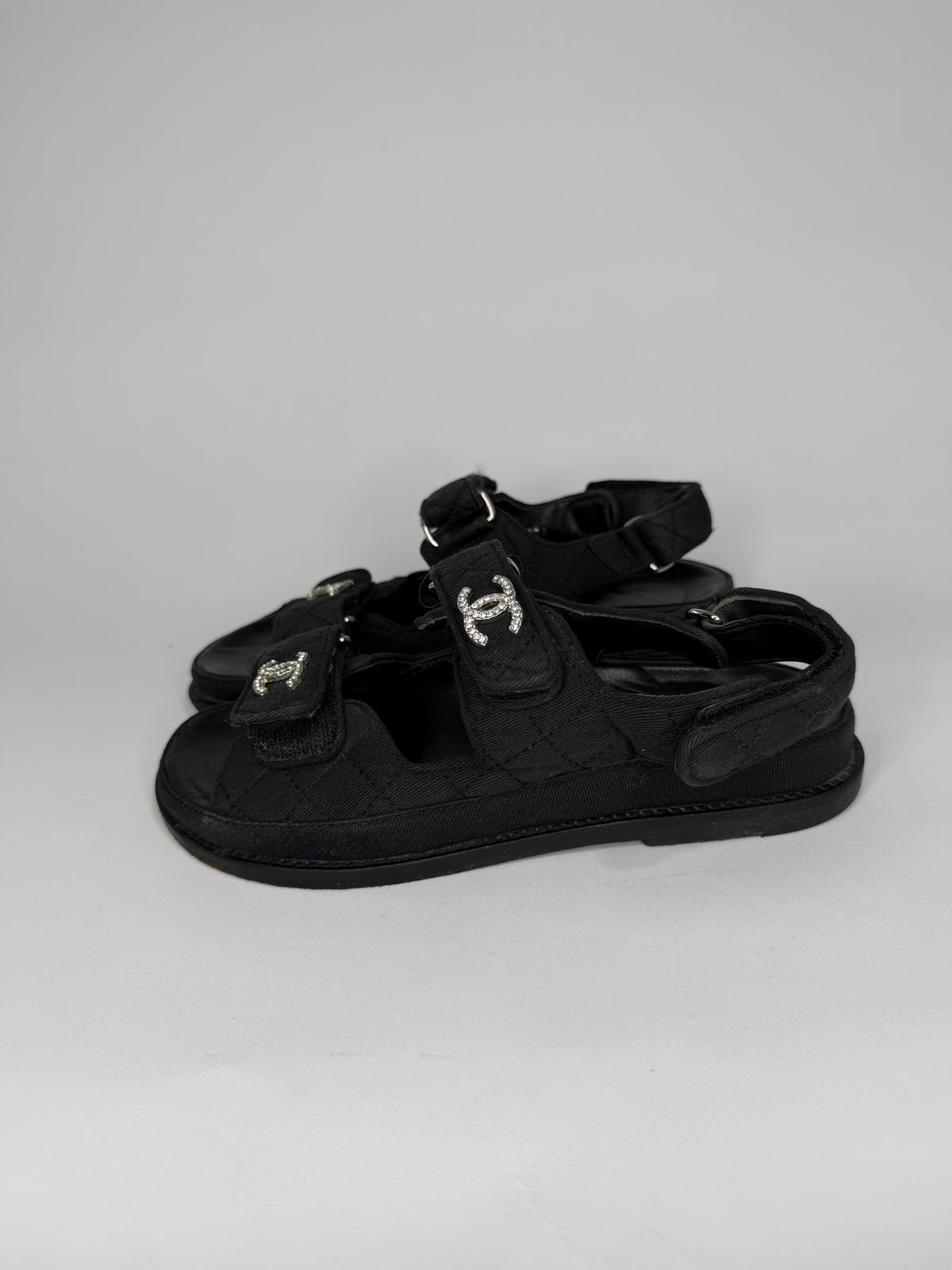 Chanel Black Quilted Fabric Diamond CC Dad Velcro Flat Sandals Size 36 EU/ 6 US/ 3 UK