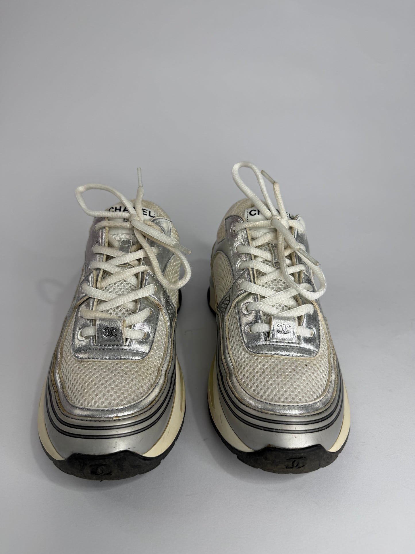 Chanel CC  Silver/White Leather and Mesh Low Top Sneakers