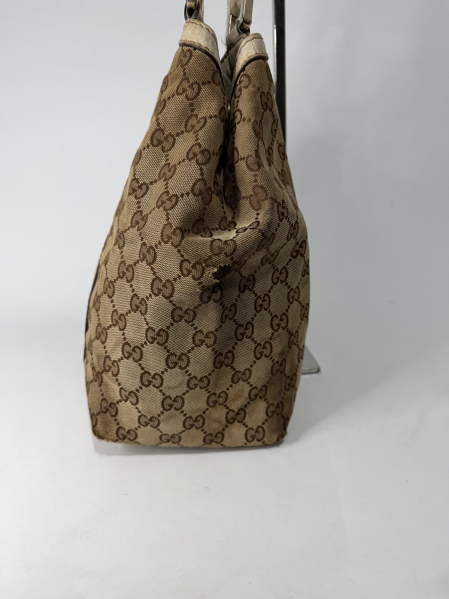 Gucci Beige/White GG Canvas and Leather Medium New Ladies Web Tote