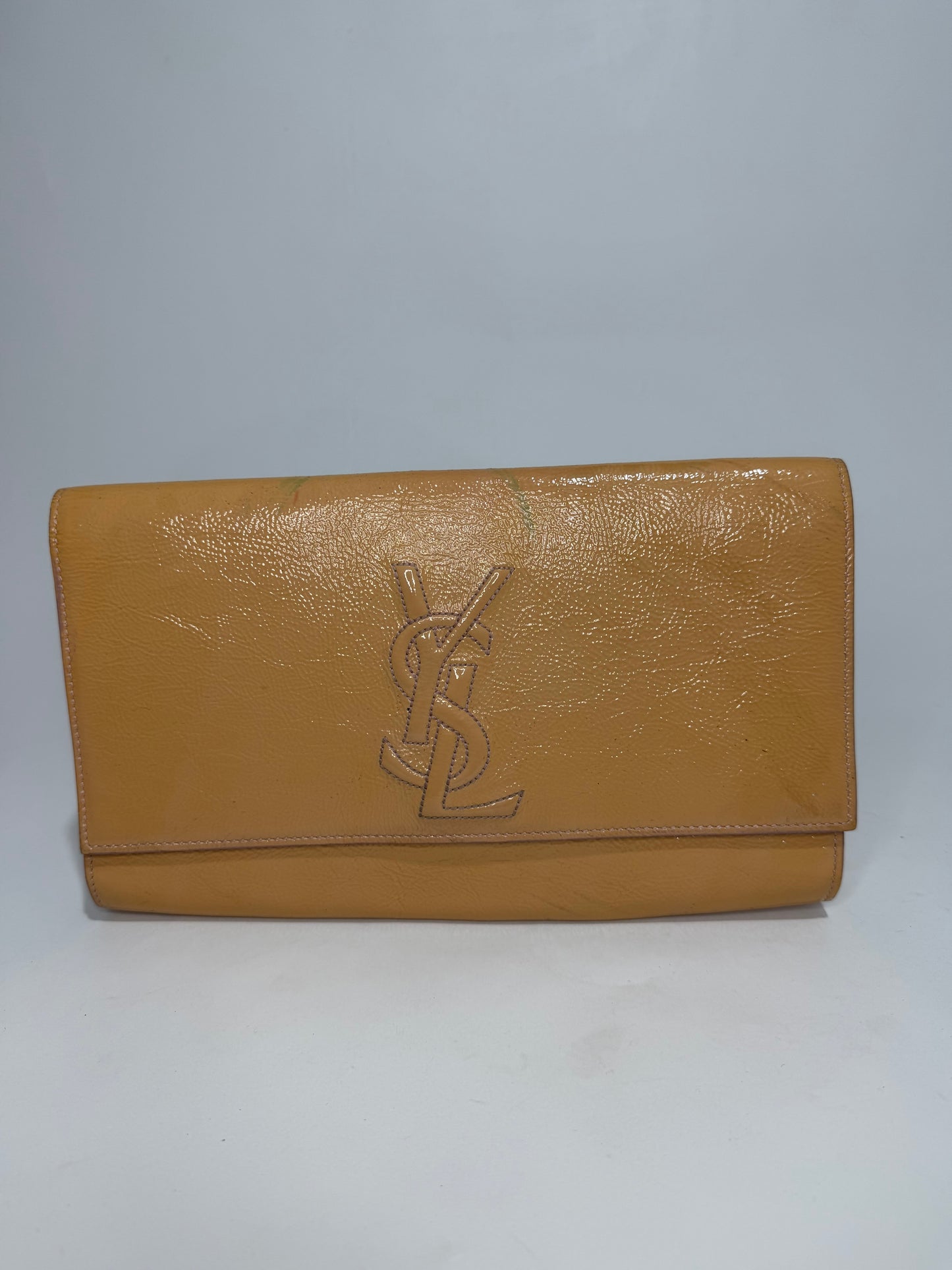 YVES SAINT LAURENT Beige Patent Leather Belle De Jour Large Clutch Bag