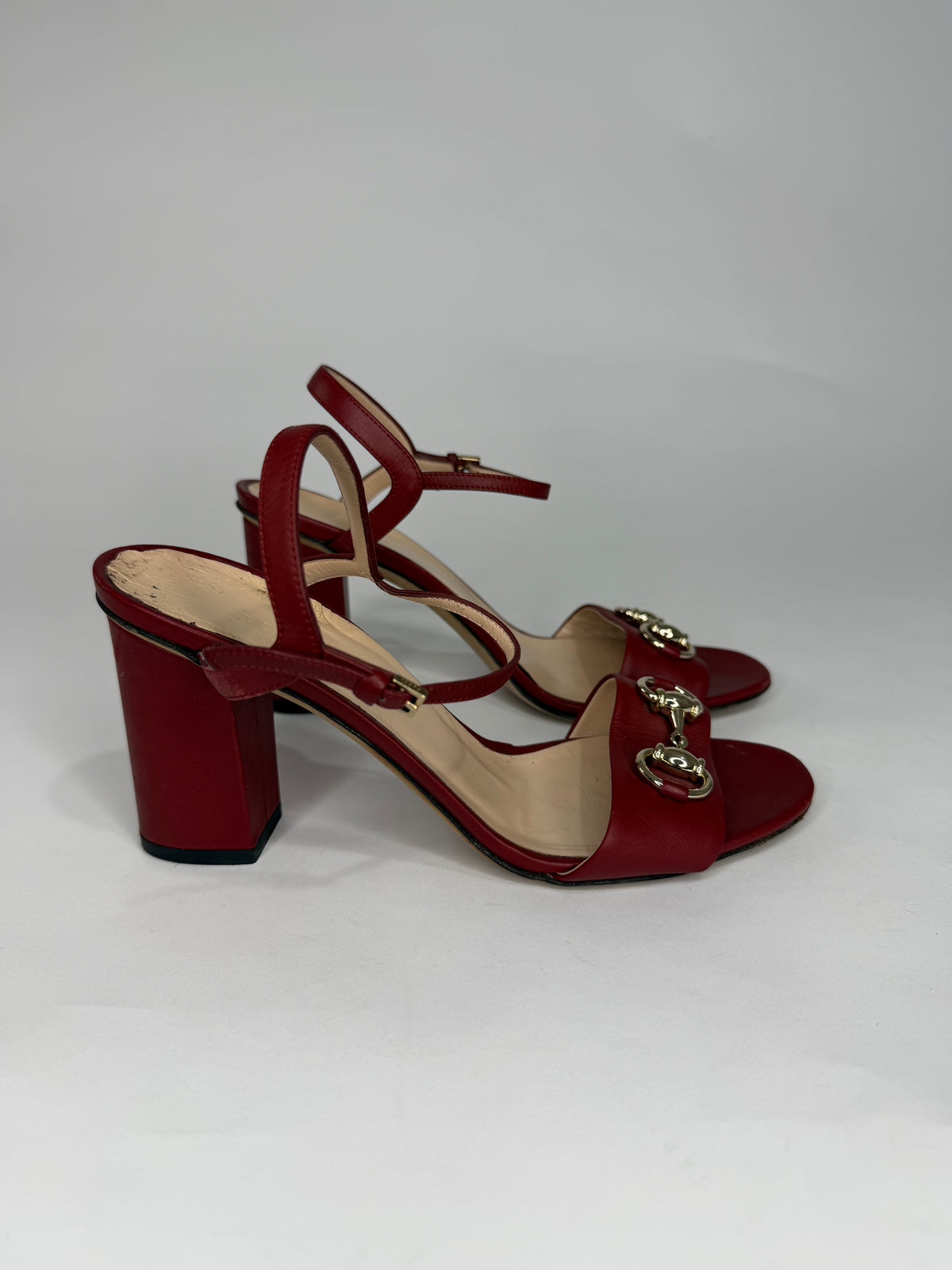 Gucci Red Leather Horsebit Open Toe Block Heel Ankle Strap Sandals Size 36.5 EU