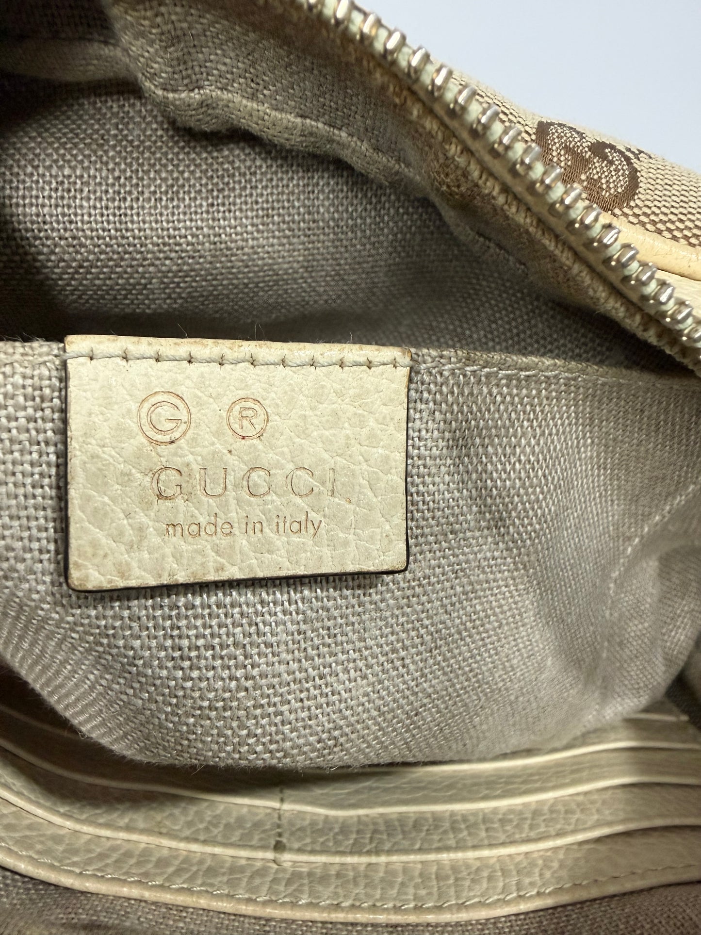 GUCCI
Monogram Dollar Calfskin Mini Bree Messenger Bag Beige Ebony Avoire