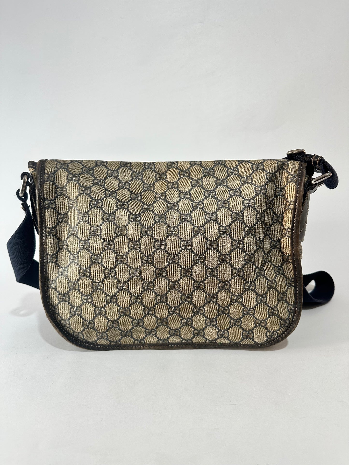 GUCCI  GG Plus Monogram Medium Double Buckle Flap Messenger Bag Beige Navy