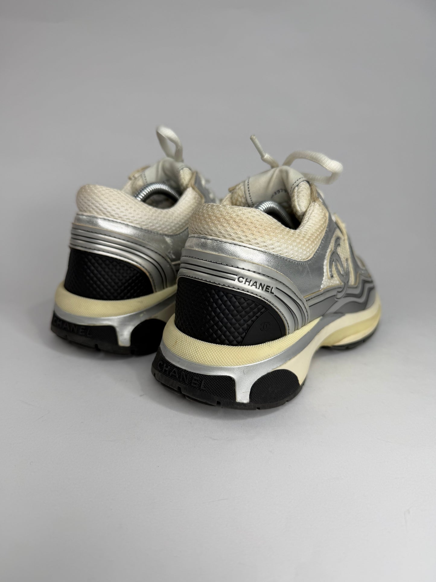 Chanel CC  Silver/White Leather and Mesh Low Top Sneakers