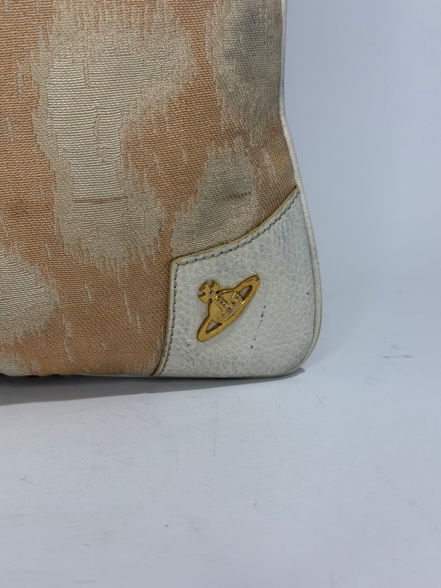 Vivienne Westwood Leopard Jacquard Crossbody Messenger Bag – Beige/Cream Canvas & White Leather