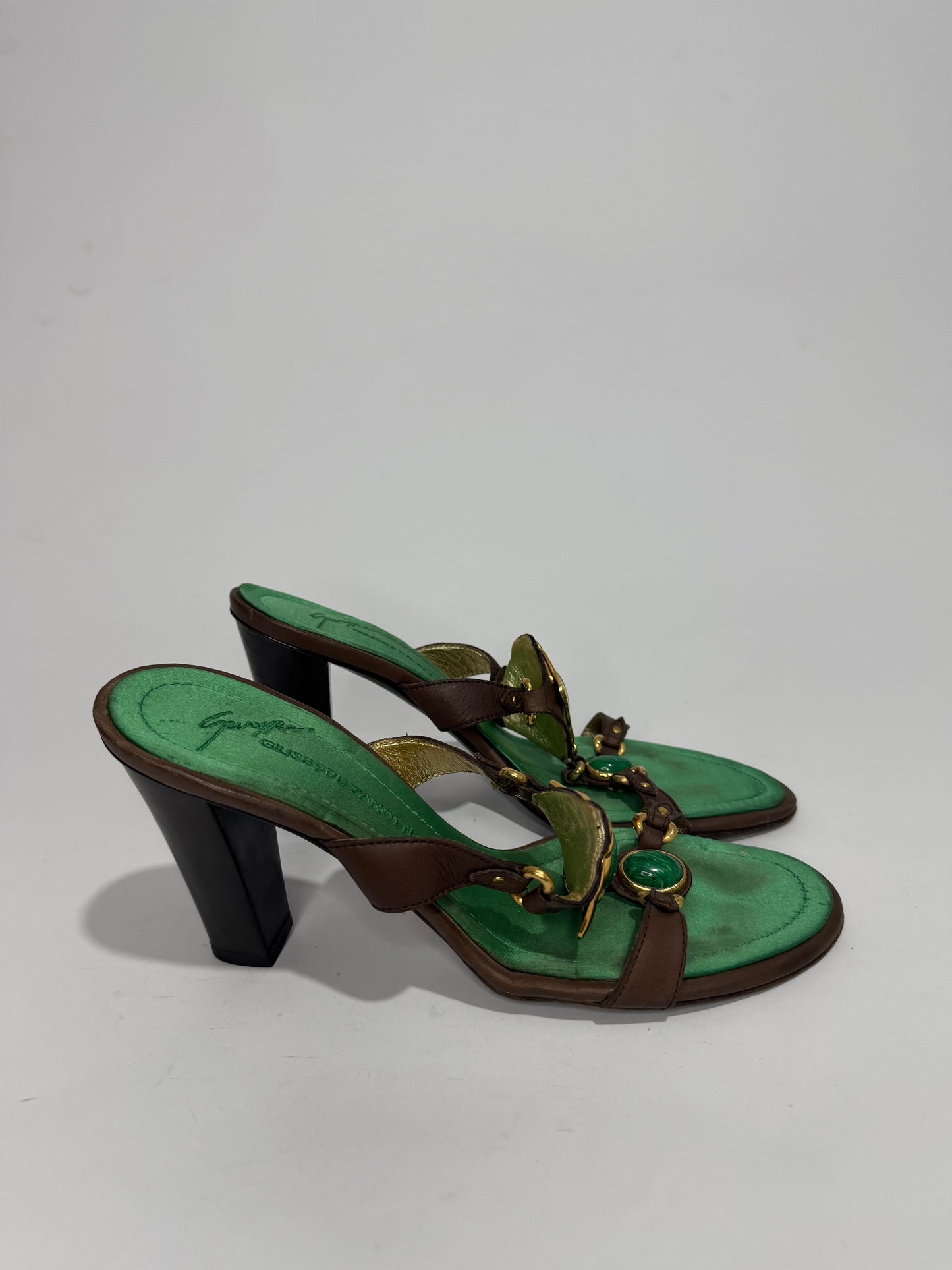 Giuseppe Zanotti Green Suede & Brown Leather Embellished Mule Heels EU 40/ 7 UK / 10 US