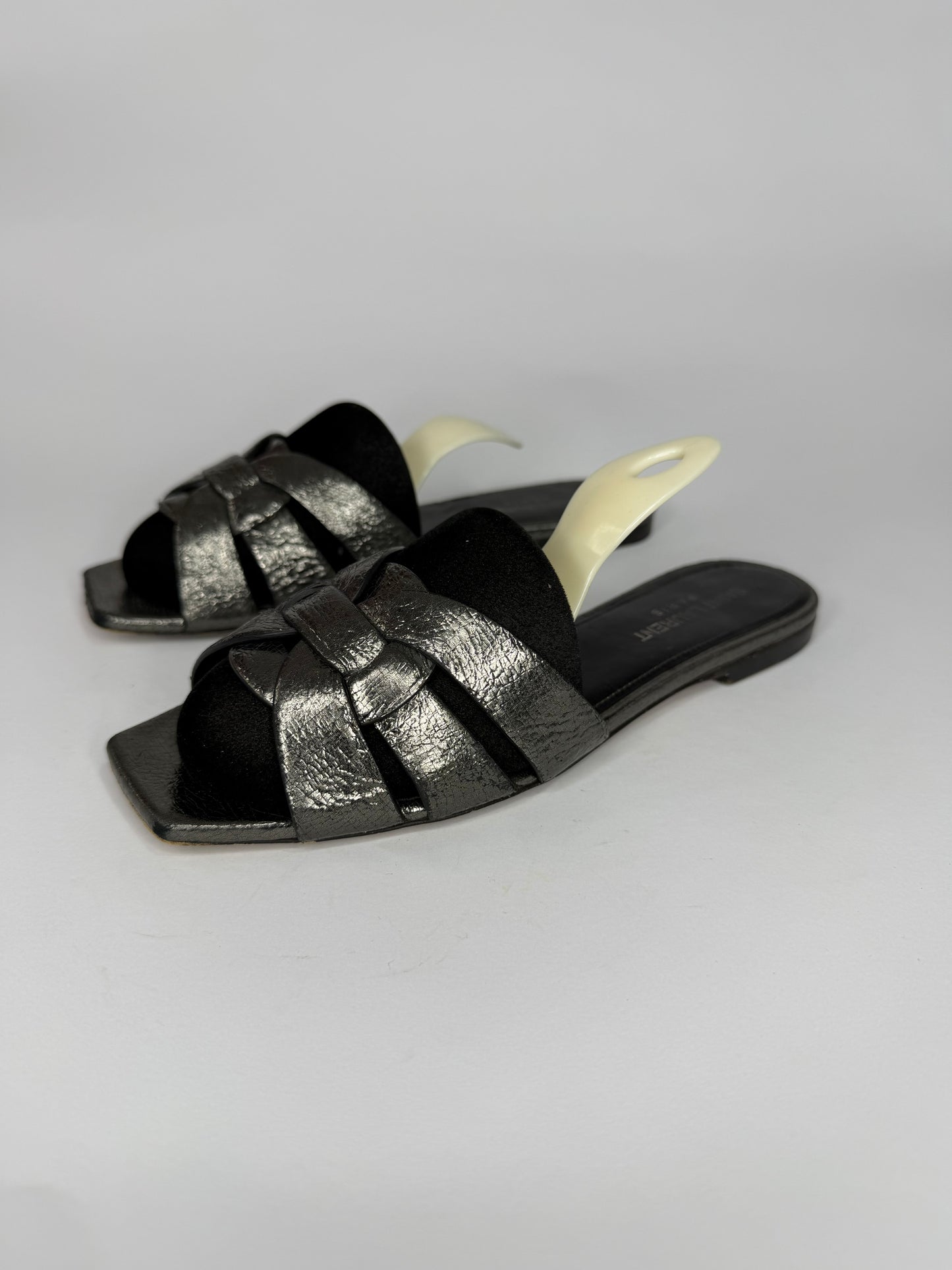 Saint Laurent Paris Silver Leather Tribute Flat Sandals Size 36 EU/ 6 US / 3 UK