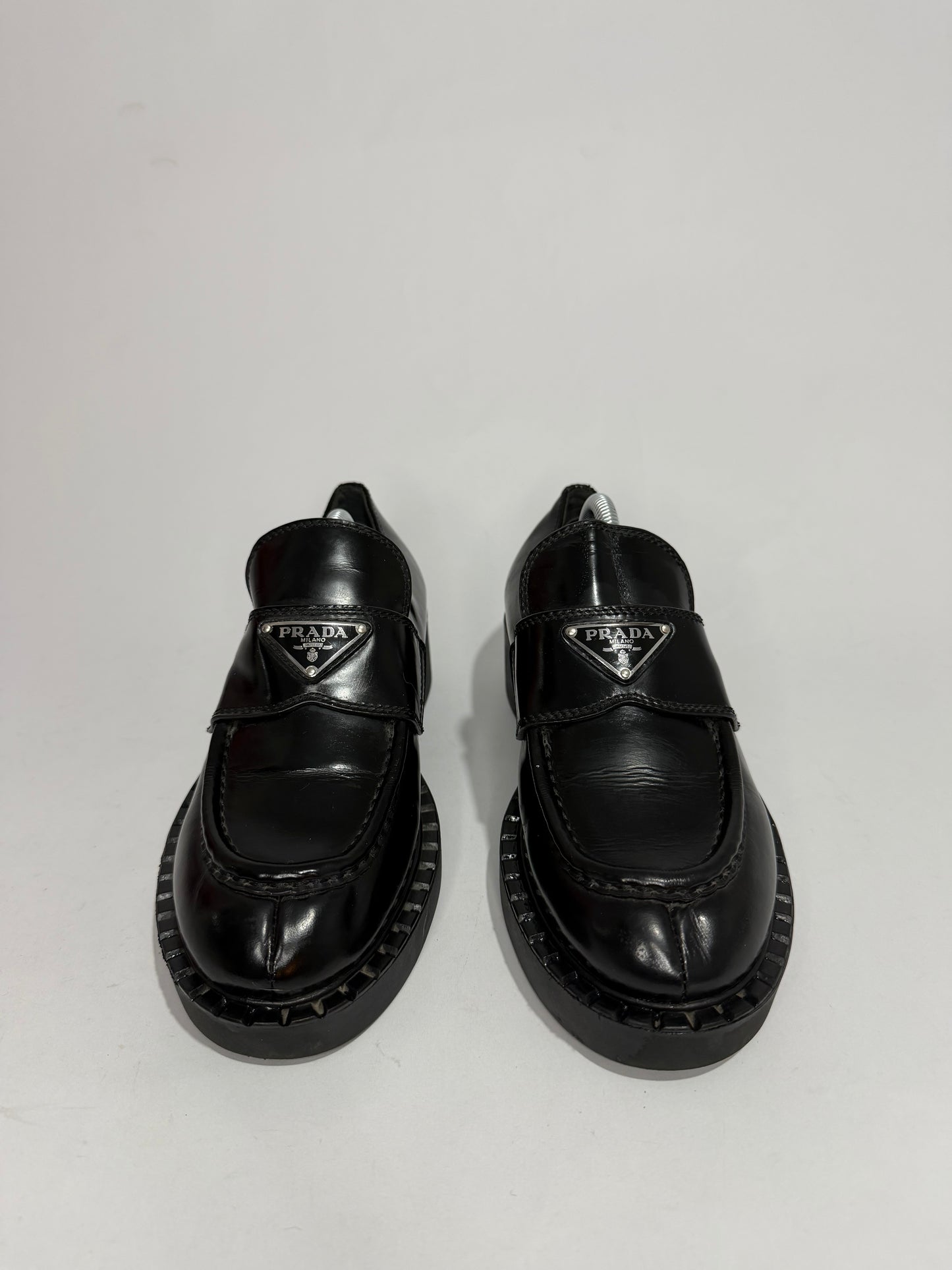 PRADA Vernice Metal Triangle Logo 50mm Loafers Size 37 EU/7 US/ 4 UK