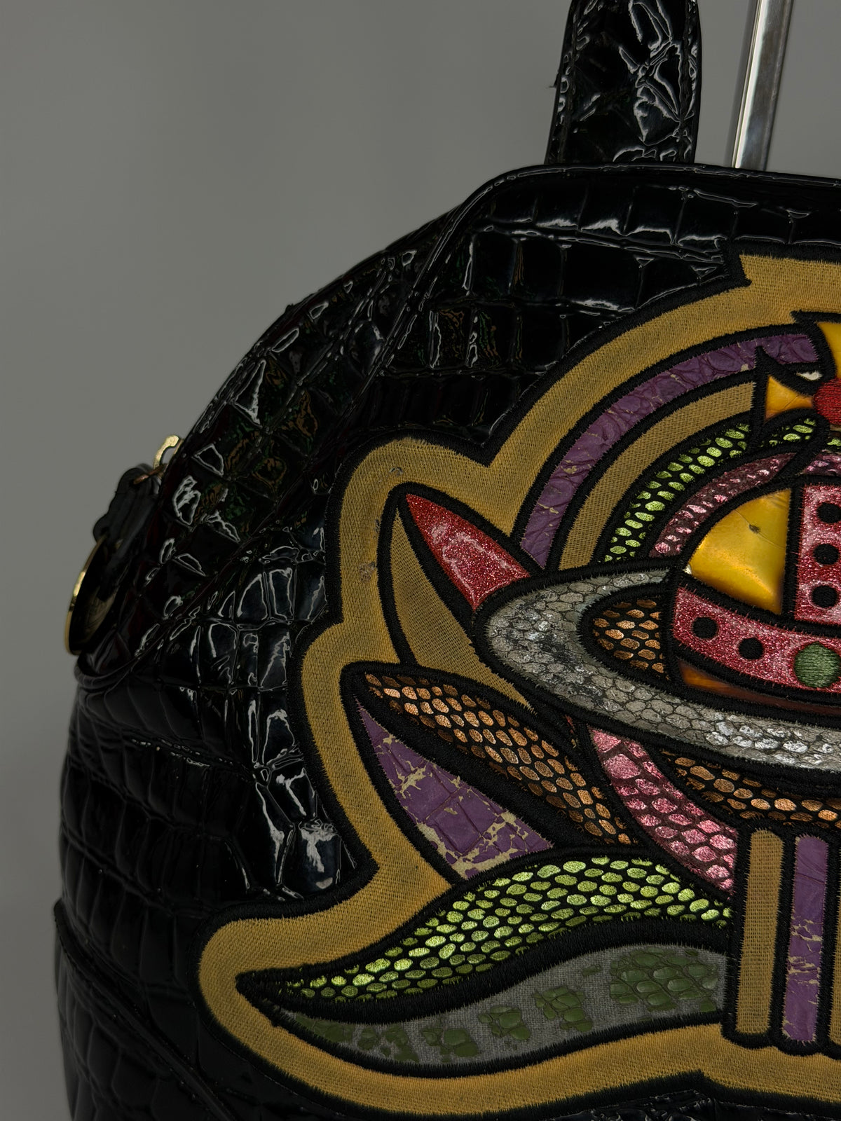 Vivienne Westwood Black Patent Croc-Embossed Orb Appliqué Handbag