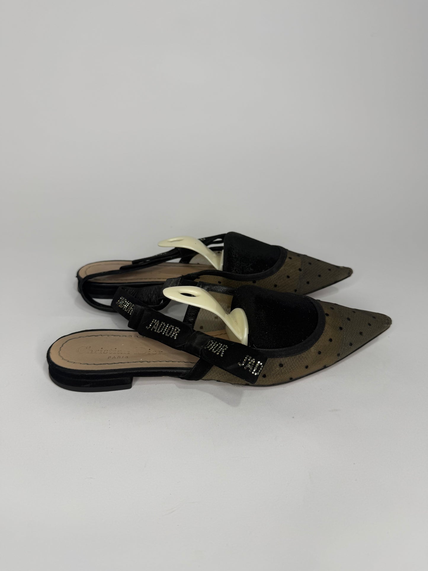 Dior Black Polka Dot Mesh and Crystal Embellished Suede J'adior Slingback Flats Size 39 EU/ 9 US/ 6 UK