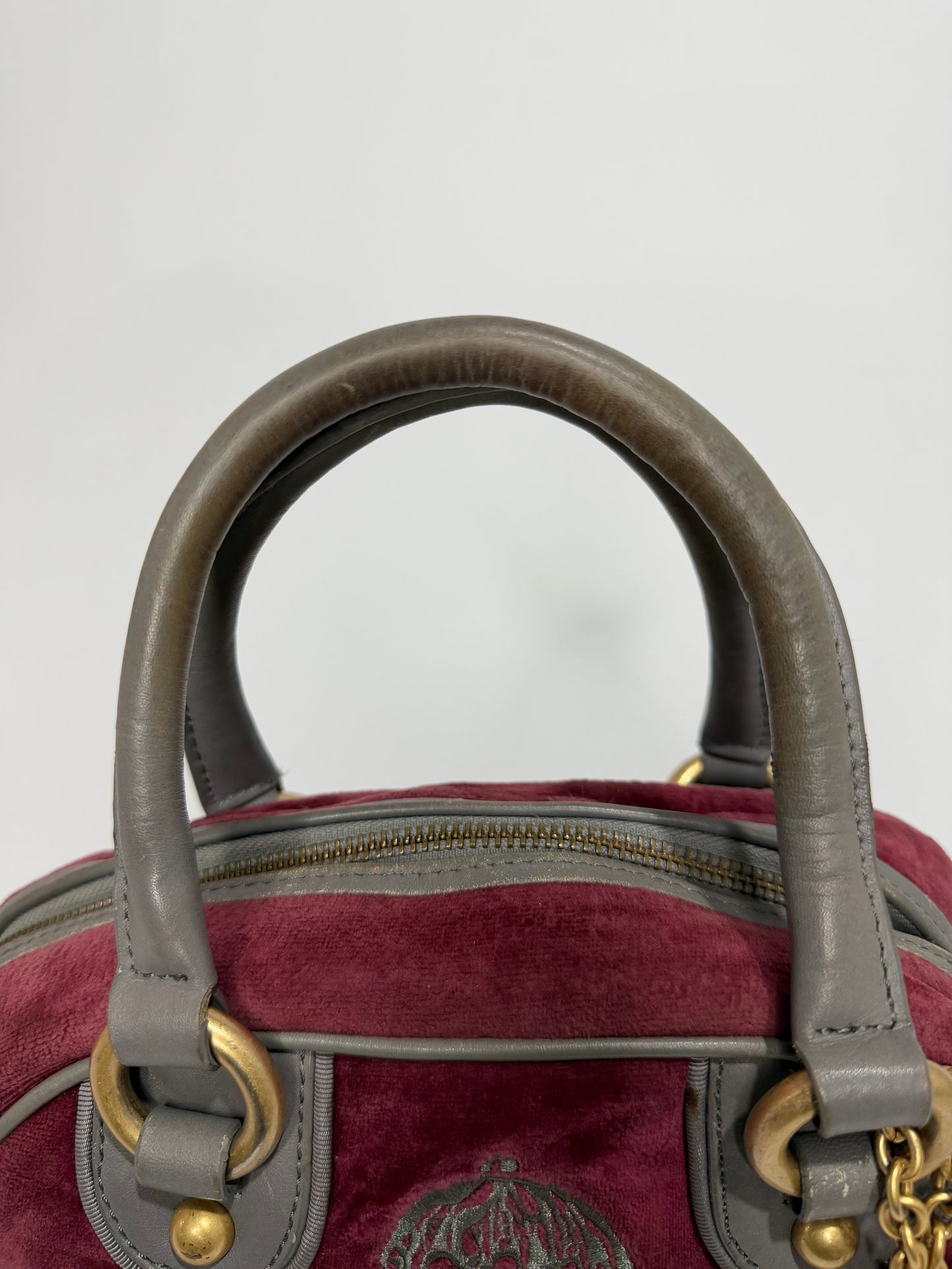 Juicy Couture Burgundy Velour Bowler Satchel Bag with Grey Leather Trim