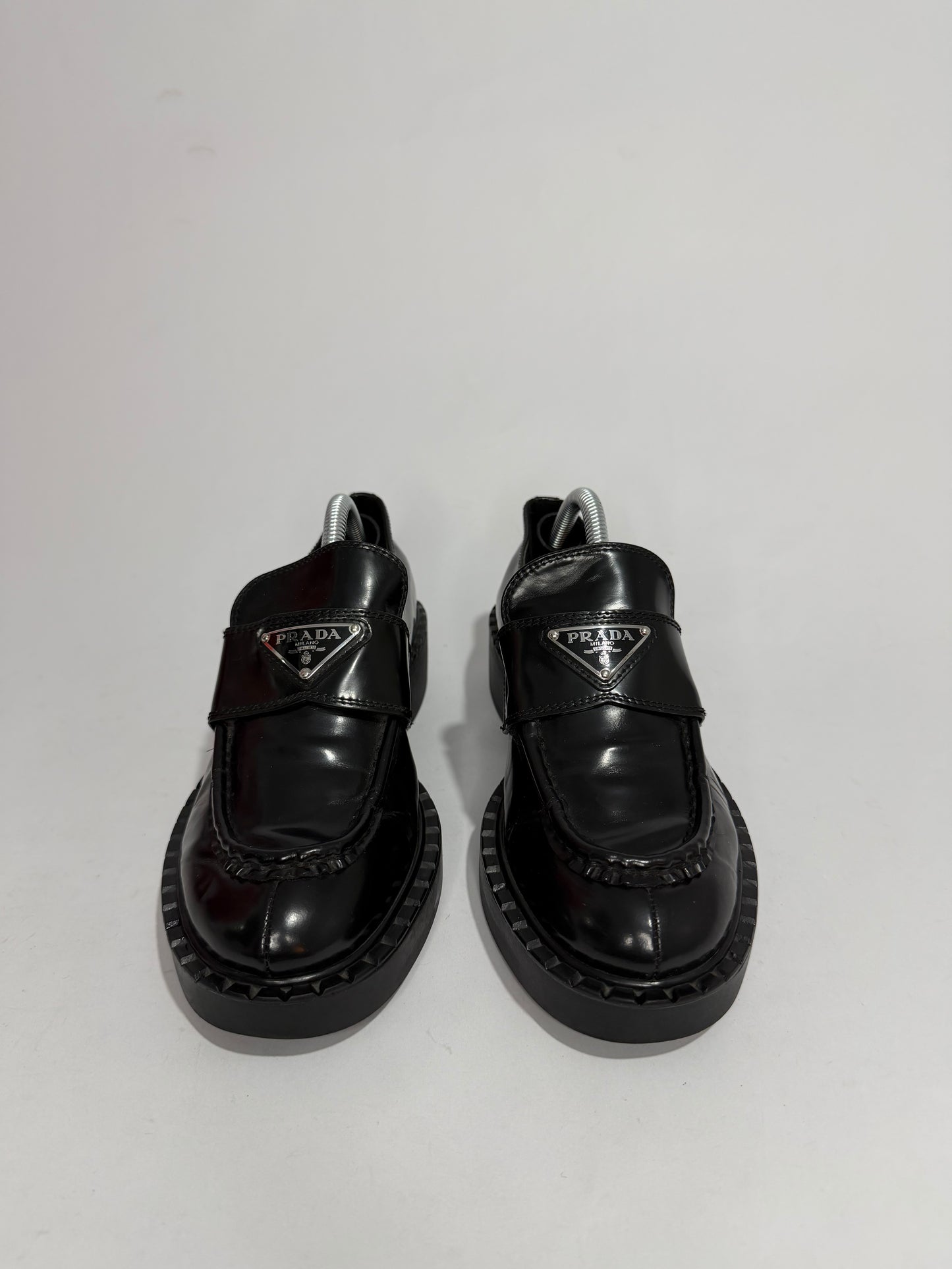 PRADA Vernice Metal Triangle Logo 50mm Loafers Size 36 EU/6 US/ 3UK