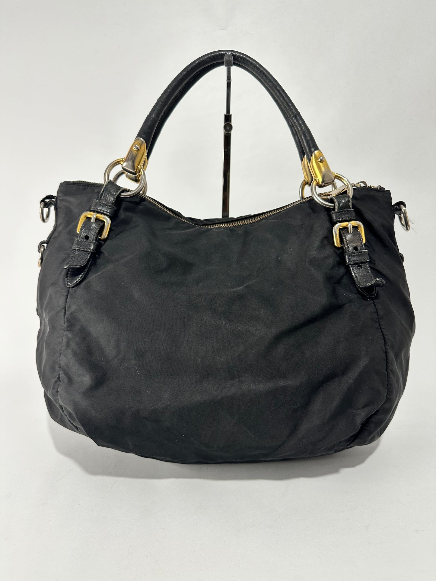 Prada Black Nylon and Leather Zip Shoulder Bag