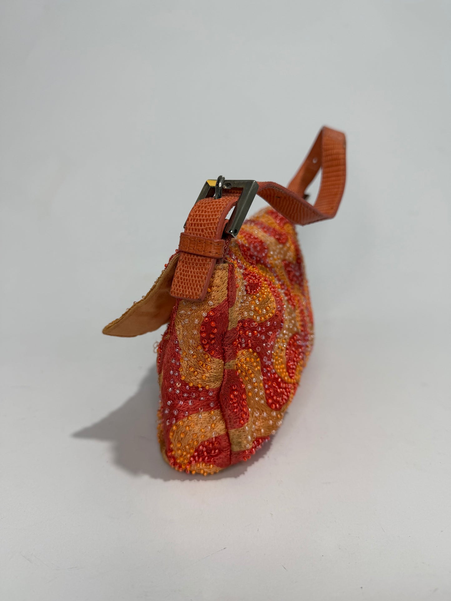 FENDI BEADED SWIRL SHOULDER BAGUETTE BAG IN ORANGE